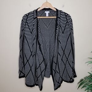 Chico's | Black White Striped Geometric Print Open Front Cardigan Sweater